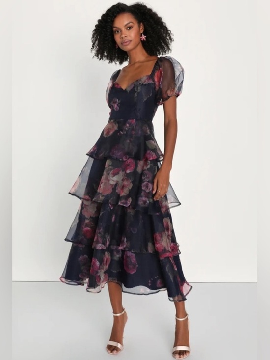 Lulus Dresses & Skirts - Lulus Oh-So Stunning Navy Blue Floral Organza Tiered Midi Dress Size Large